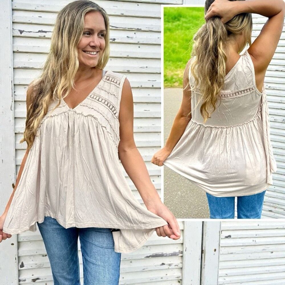 POL Tank Beige Lace Trim Boho Babydoll Sleeveless Top Ruffle Raw Edge Detail NEW - Picture 3 of 13